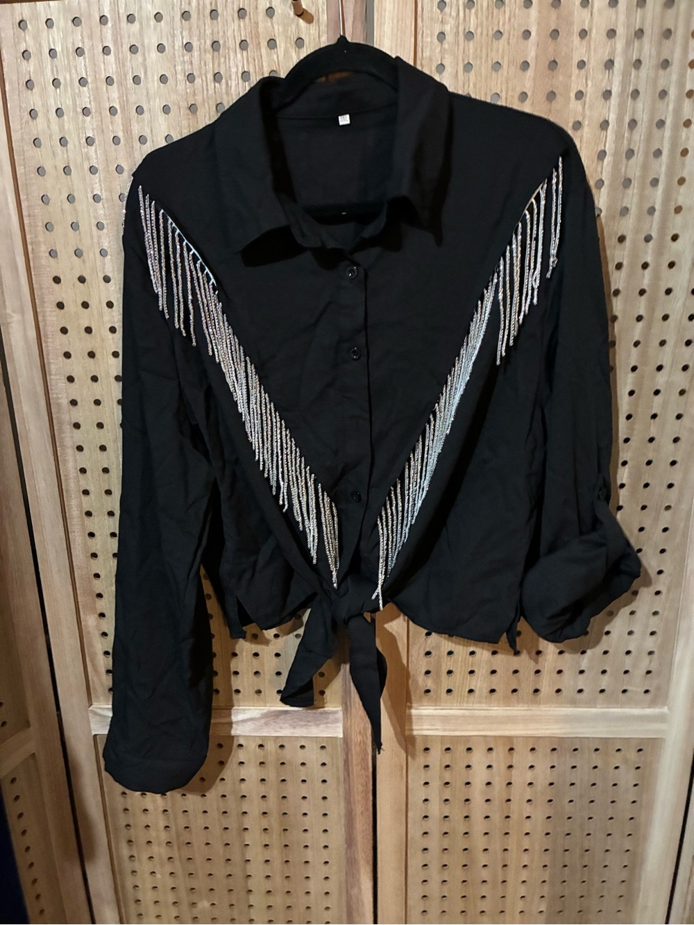 Black Tie-Front Shirt with Silver “Crystals” Fringe Accent Size 3XL